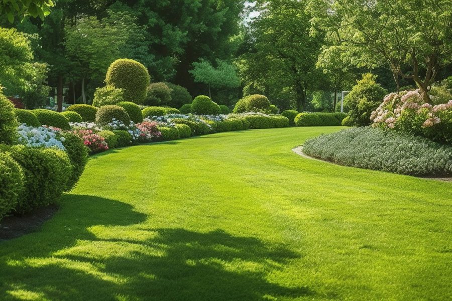 park outdoor manicured lawn and flowerbed AI generated image